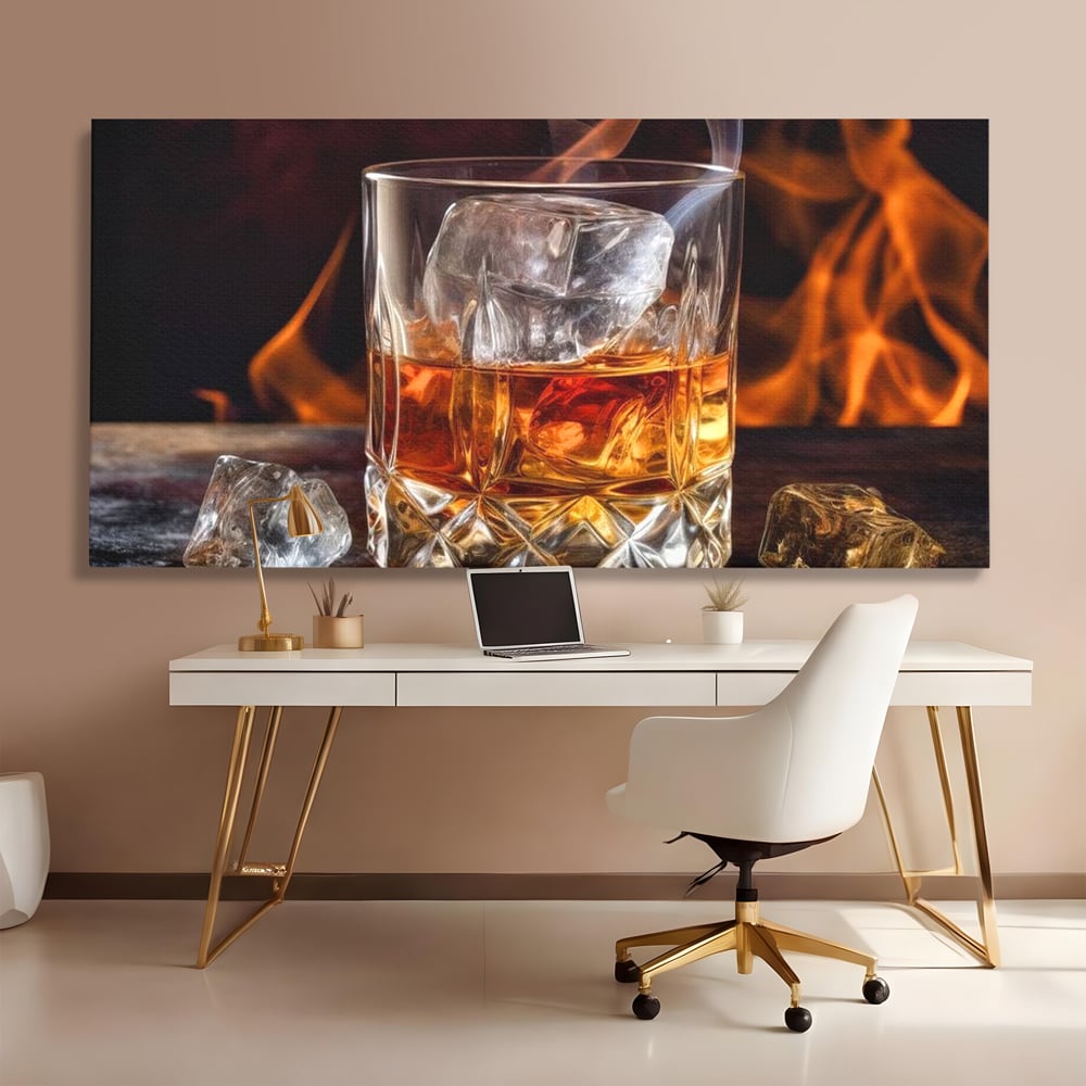 Tablou canvas cu tablou canvas cu pahar de whisky si foc, fara rama, pe sasiu de lemn, pe perete intr-un birou
